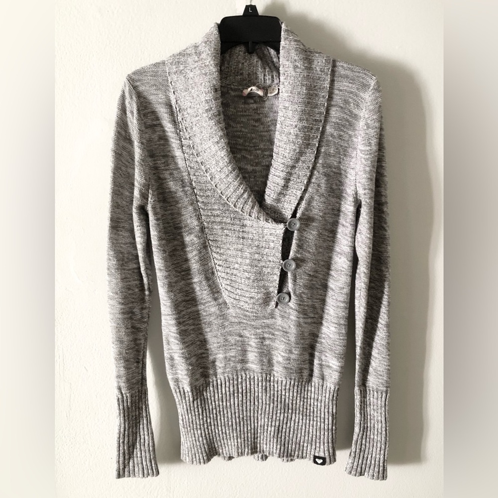 Roxy Grey Shawl Collar Button Knit Sweater Y2K Casual